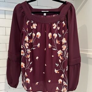 LC Lauren Conrad Floral Squareneck Blouse. Size XS. Burgundy Maroon.